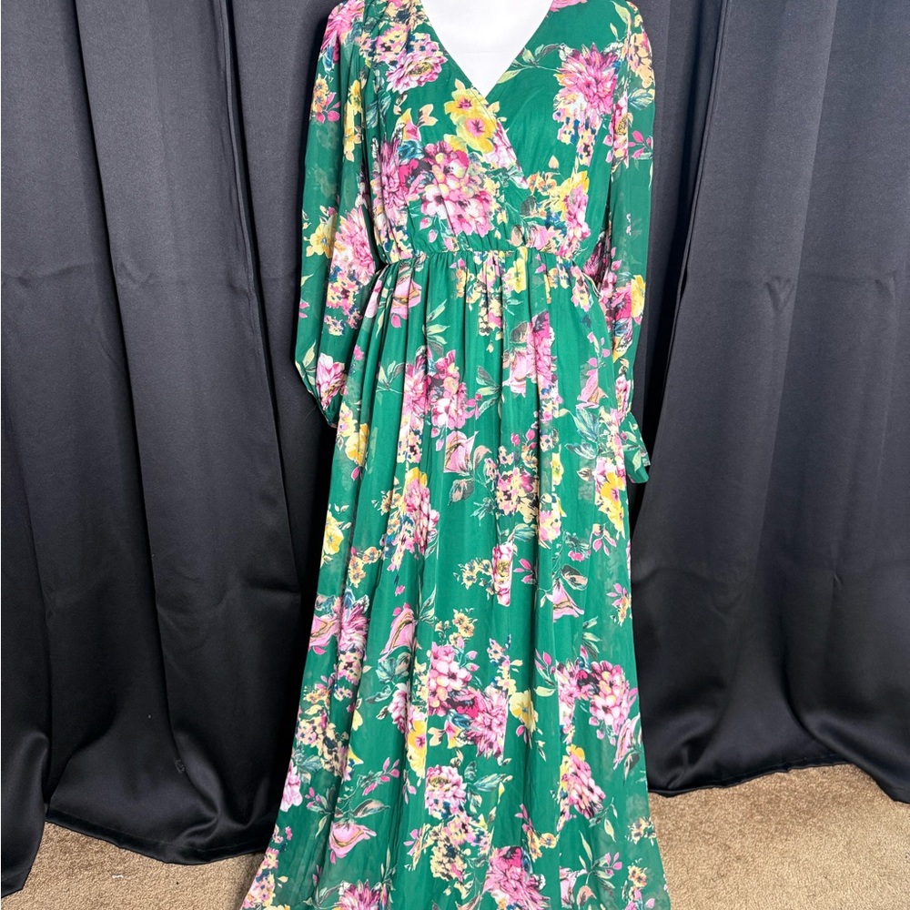 Fashion Nova Floral Long Sleeve Dress - Green and Pink